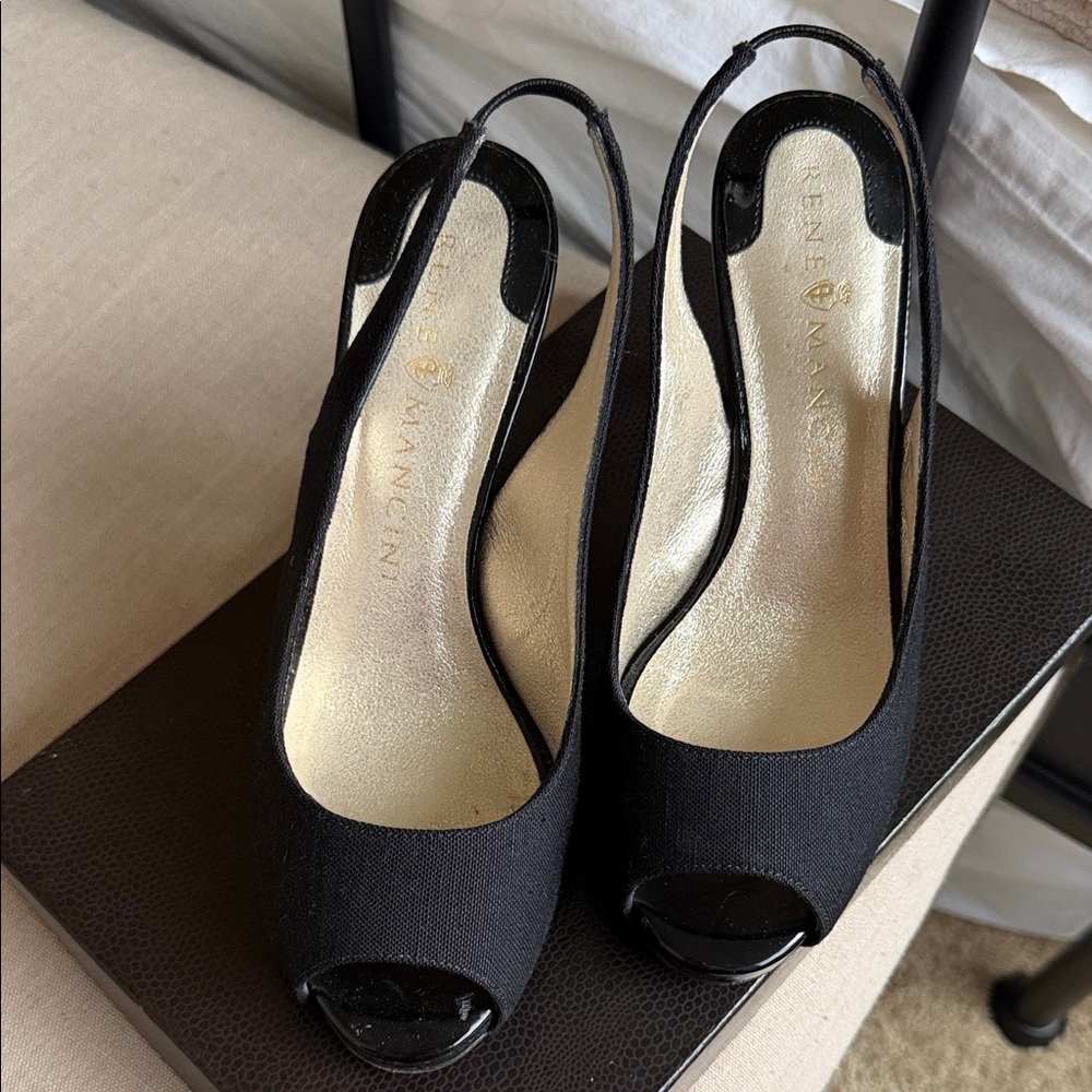Rene Mancini Black Peep-Toe Slingback Heels
